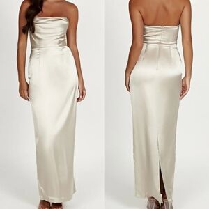 Meshki Satin Alanis Strapless Bride Wedding Maxi Dress in Champagne Small US 4